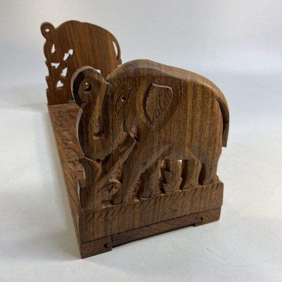 Expandable Book Ends Elephant Design Ornate Carved Wood Sliding India Library - Picture 4 of 8